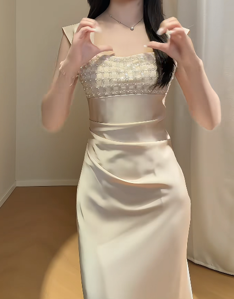 Chic Champagne Prom Dress Satin Straps Sheath Evening Dress ED06957