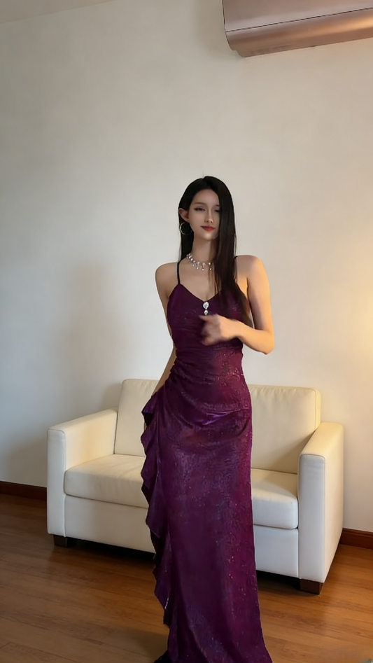 Chic Purple Prom Dress Satin Spaghetti Straps Sheath Evening Dress with Slit ED06958