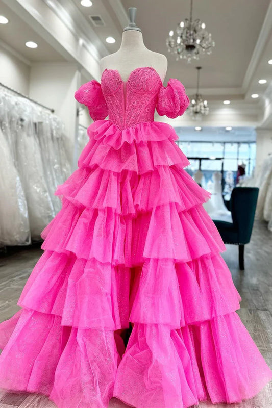 A-Line Hot Pink Tulle Lace Sweetheart Long Layered Prom Dress ED0695
