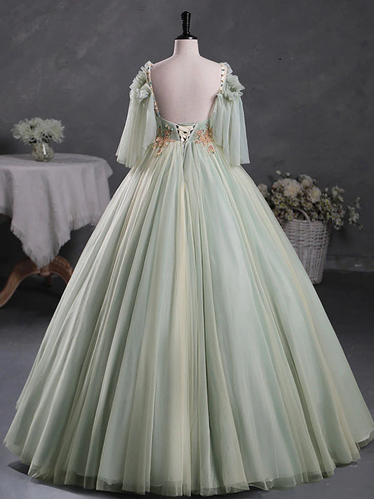 Grünes A-Linien-Ballkleid mit 3D-Spitze, langes Ballkleid aus grüner Spitze für Sweet 16-Jahre ED0696