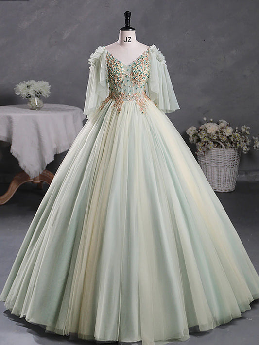 Grünes A-Linien-Ballkleid mit 3D-Spitze, langes Ballkleid aus grüner Spitze für Sweet 16-Jahre ED0696