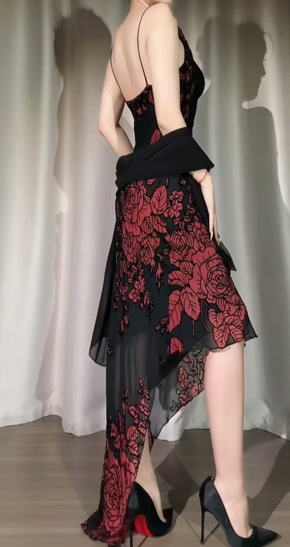 Chic Black Prom Dress Chiffon Spaghetti Straps Sheath Evening Dress ED06960