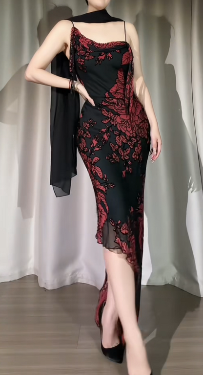 Chic Black Prom Dress Chiffon Spaghetti Straps Sheath Evening Dress ED06960