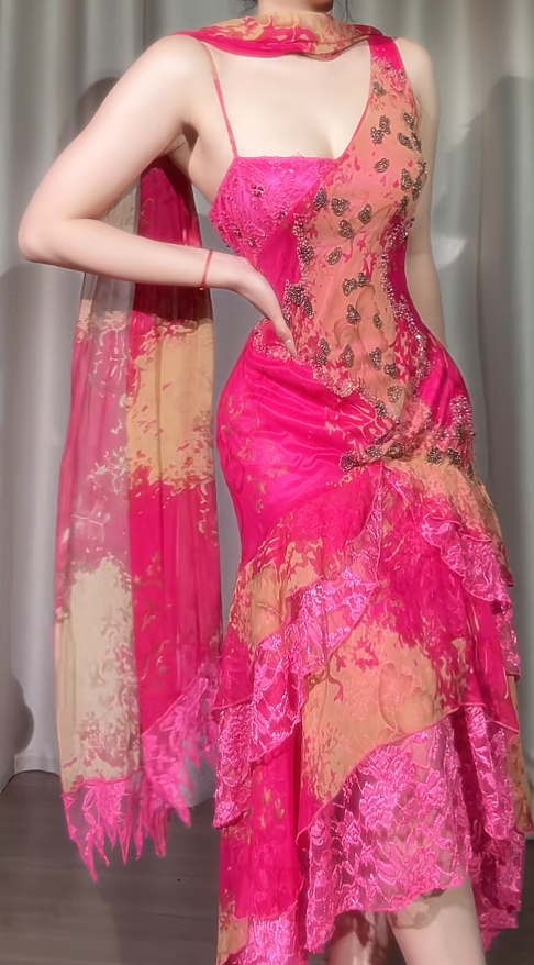 Chic Pink Prom Dress Chiffon Beaded Spaghetti Straps Sheath Evening Dress ED06962