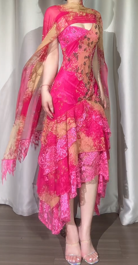 Chic Pink Prom Dress Chiffon Beaded Spaghetti Straps Sheath Evening Dress ED06962