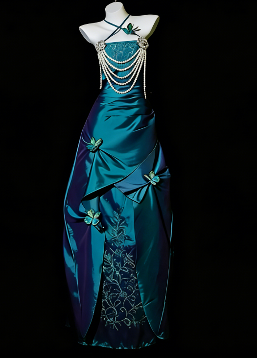 Chic Teal Prom Dress Satin Spaghetti Straps Sheath Evening Dress  ED06964