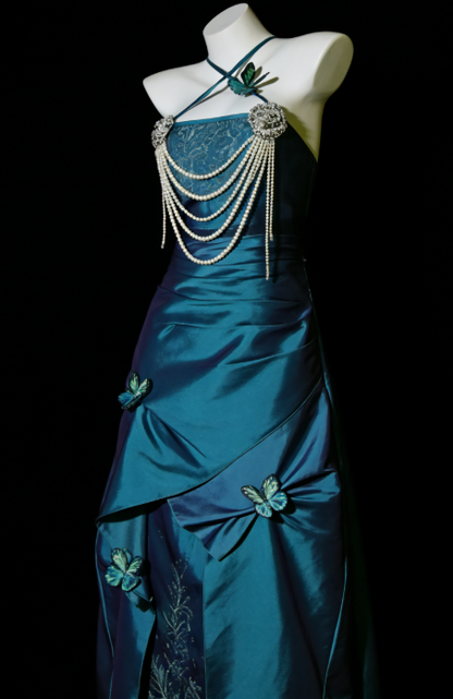 Chic Teal Prom Dress Satin Spaghetti Straps Sheath Evening Dress  ED06964