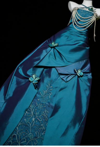 Chic Teal Prom Dress Satin Spaghetti Straps Sheath Evening Dress  ED06964