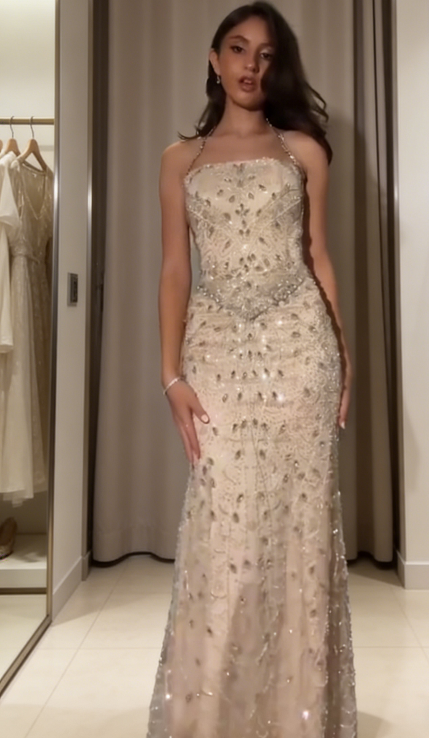 Chic Champagne Prom Dress Satin Beaded Spaghetti Straps Sheath Evening Dress ED06966