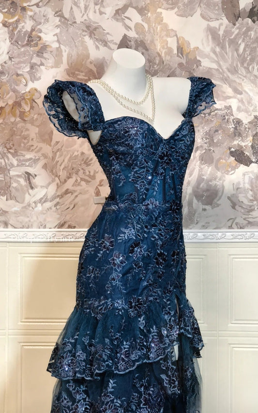 Chic Navy Blue Prom Dress Tulle Appliques Off-shoulder Sheath Evening Dress ED06969