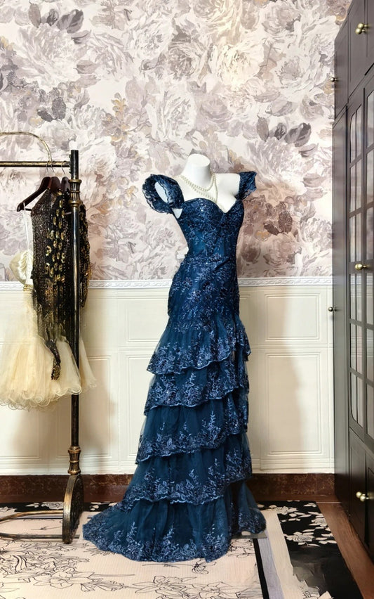 Chic Navy Blue Prom Dress Tulle Appliques Off-shoulder Sheath Evening Dress ED06969