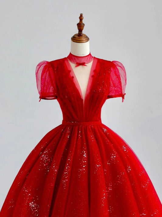 Burgundy A-Line Tulle Sequin Long Prom Dress, Burgundy Formal Dress ED0697
