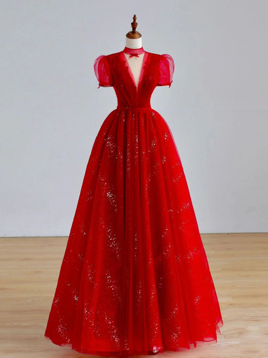 Burgundy A-Line Tulle Sequin Long Prom Dress, Burgundy Formal Dress ED0697