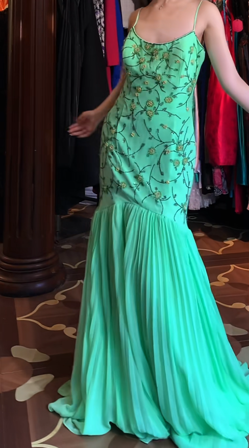 Chic Green Prom Dress Chiffon Beaded Sheath Evening Dress Spaghetti Straps Birthday Dress  ED06971