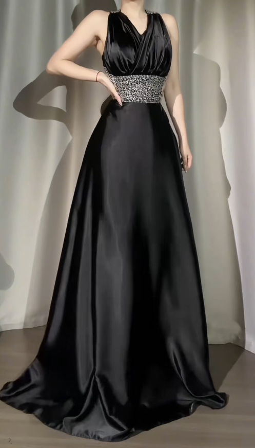 Chic Black Prom Dress V-neck Satin  A-Line Evening Dress ED06972