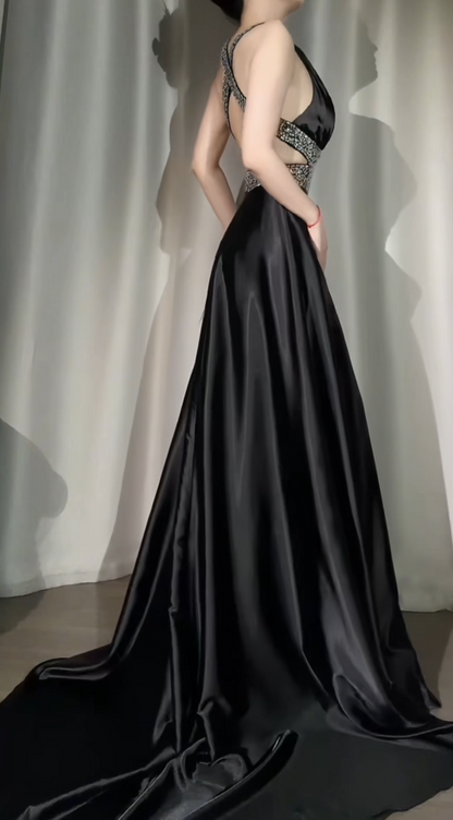 Chic Black Prom Dress V-neck Satin  A-Line Evening Dress ED06972