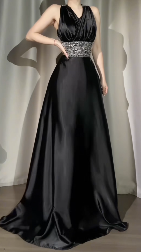 Chic Black Prom Dress V-neck Satin  A-Line Evening Dress ED06972