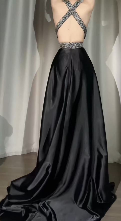 Chic Black Prom Dress V-neck Satin  A-Line Evening Dress ED06972