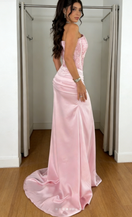 Chic Pink Prom Dress Satin Sheath Strapless Evening Dress ED06973