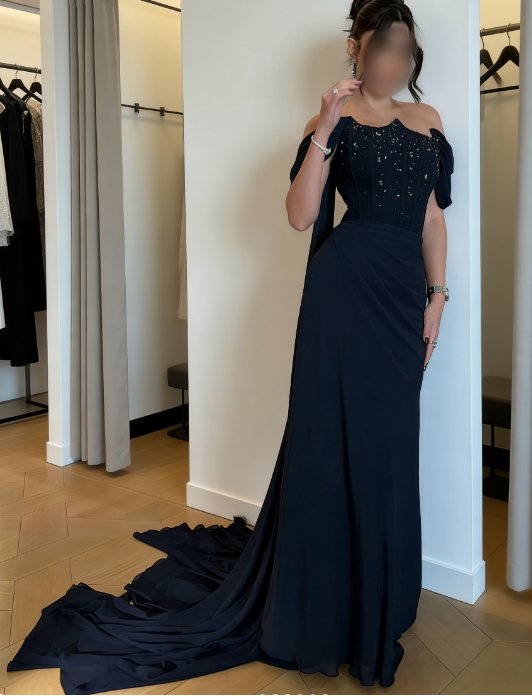Chic Navy Blue Prom Dress  Chiffon Off-shoulder Sheath Evening Dress ED06975
