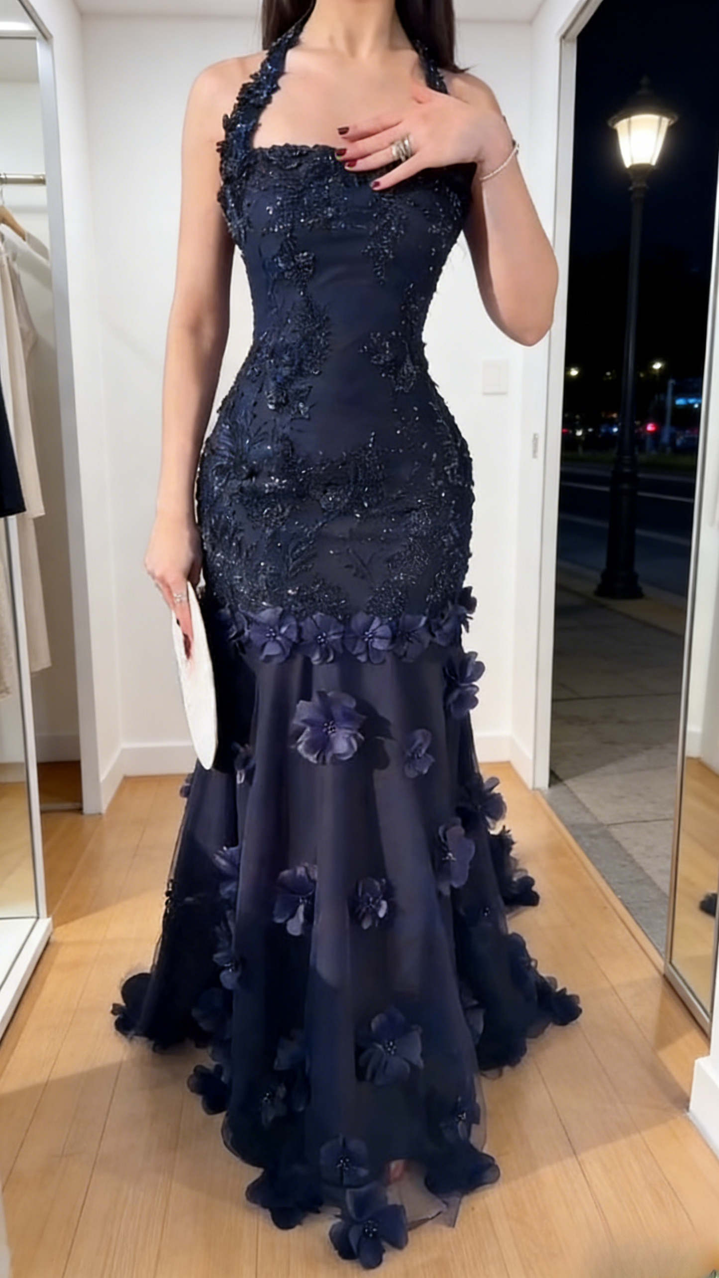 Elegant Navy Blue Prom Dress Tulle Halter Mermaid Evening Dress ED06976