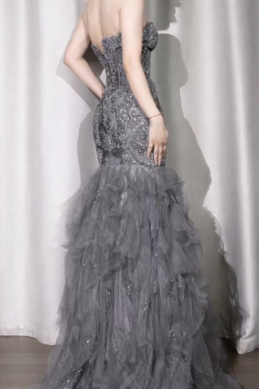 Elegant Gray Prom Dress Tulle Applique Birthday Dress Sweetheart  Mermaid Evening Dress ED06977