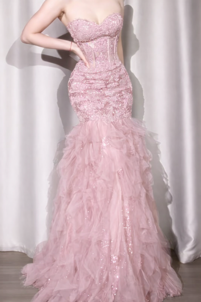 Elegant Gray Prom Dress Tulle Applique Birthday Dress Sweetheart  Mermaid Evening Dress ED06977