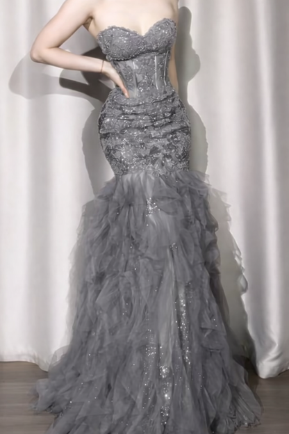 Elegant Gray Prom Dress Tulle Applique Birthday Dress Sweetheart  Mermaid Evening Dress ED06977