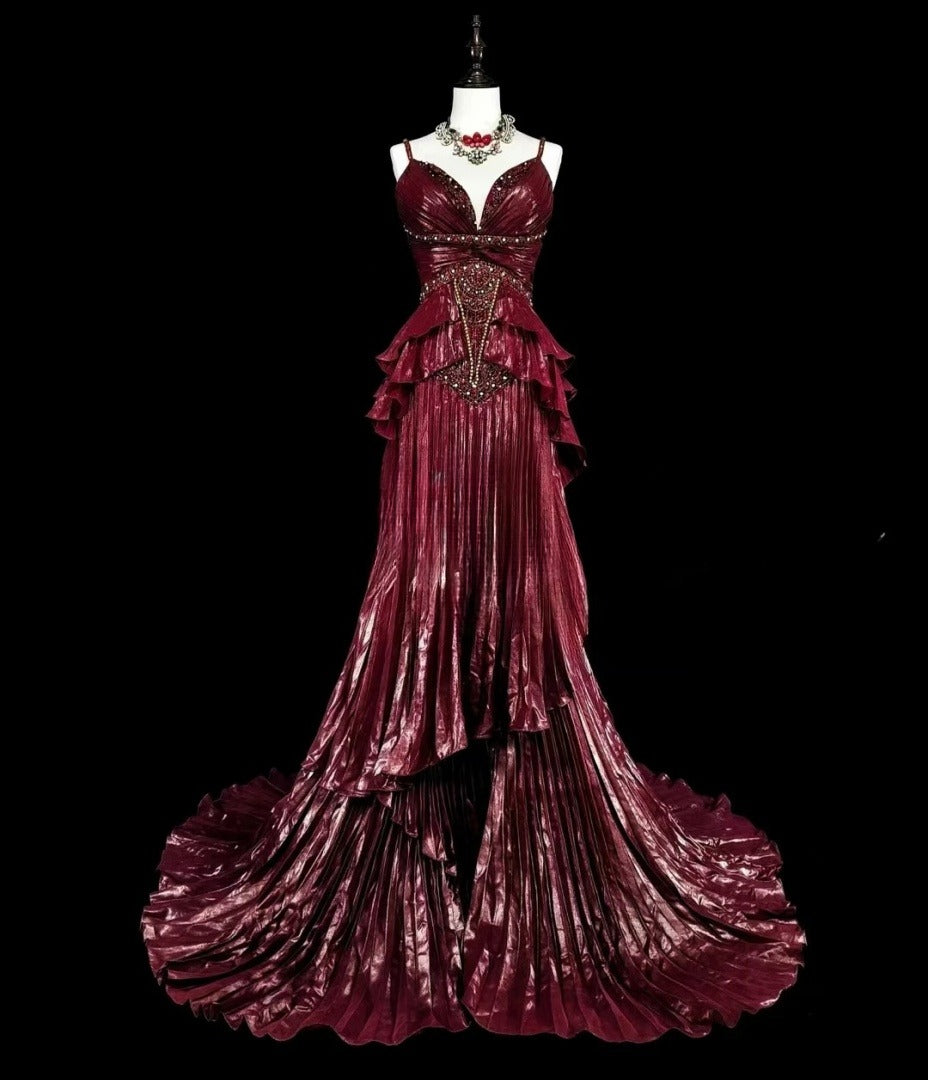 Elegant Red Prom Dress Satin Spaghetti Straps Birthday Dress Sleeveless Sheath Evening Dress ED06978