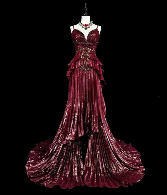 Elegant Red Prom Dress Satin Spaghetti Straps Birthday Dress Sleeveless Sheath Evening Dress ED06978