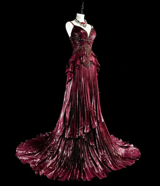 Elegant Red Prom Dress Satin Spaghetti Straps Birthday Dress Sleeveless Sheath Evening Dress ED06978