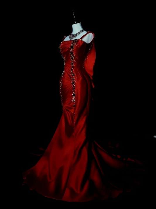 Elegant Red Prom Dress Satin Beaded Spaghetti Straps Birthday Dress Sleeveless Mermaid Evening Dress ED06978