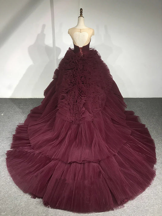 Burgunderrotes, langes Ballkleid aus Tüll mit Rundhalsausschnitt, Burgunderrotes, langes Abendkleid ED0698