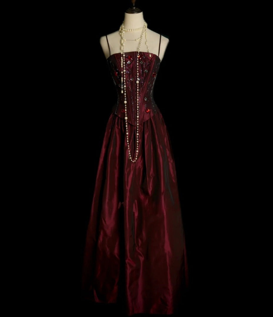 Elegant Burgundy Prom Dress Satin Spaghetti Straps Birthday Dress Sleeveless A-Line Evening Dress ED06981