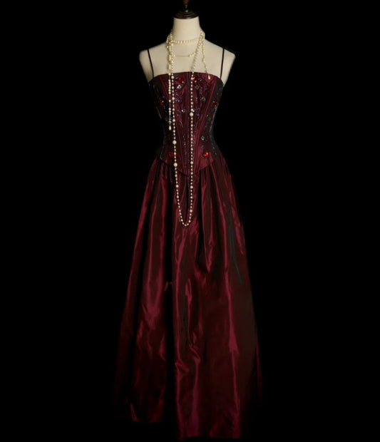 Elegant Burgundy Prom Dress Satin Spaghetti Straps Birthday Dress Sleeveless A-Line Evening Dress ED06981