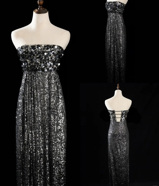 Elegant Dark Gray Prom Dress Sequins Spaghetti Straps Birthday Dress Sleeveless Sheath  Evening Dress ED06982