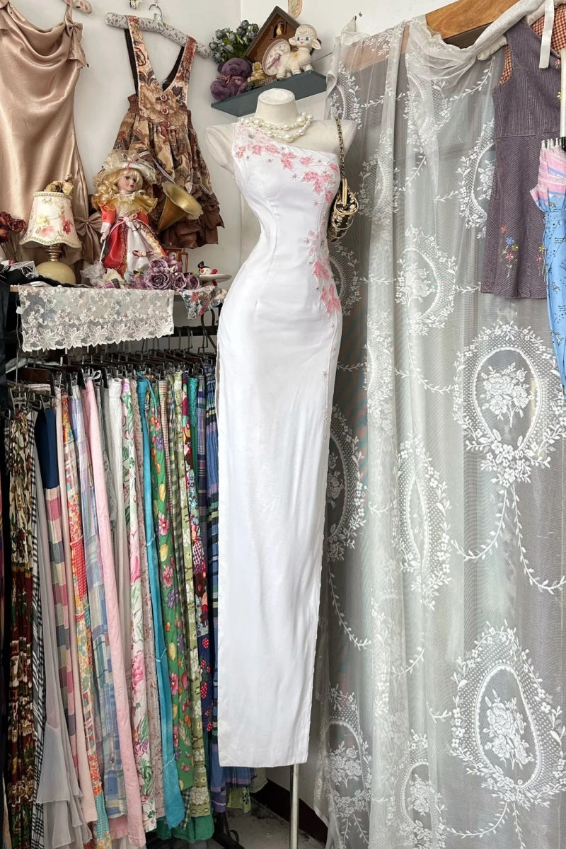 Elegant White Prom Dress One-shoulder Sheath Evening Dress Satin Beaded Birthday Dress ED06984