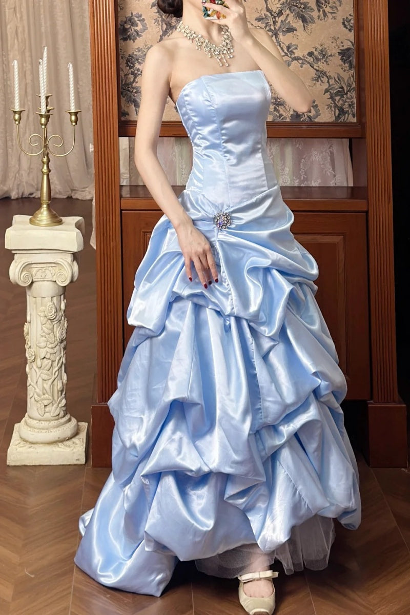 Elegant Light Blue Prom Dress A-Line Strapless Evening Dress Satin Birthday Dress ED06985