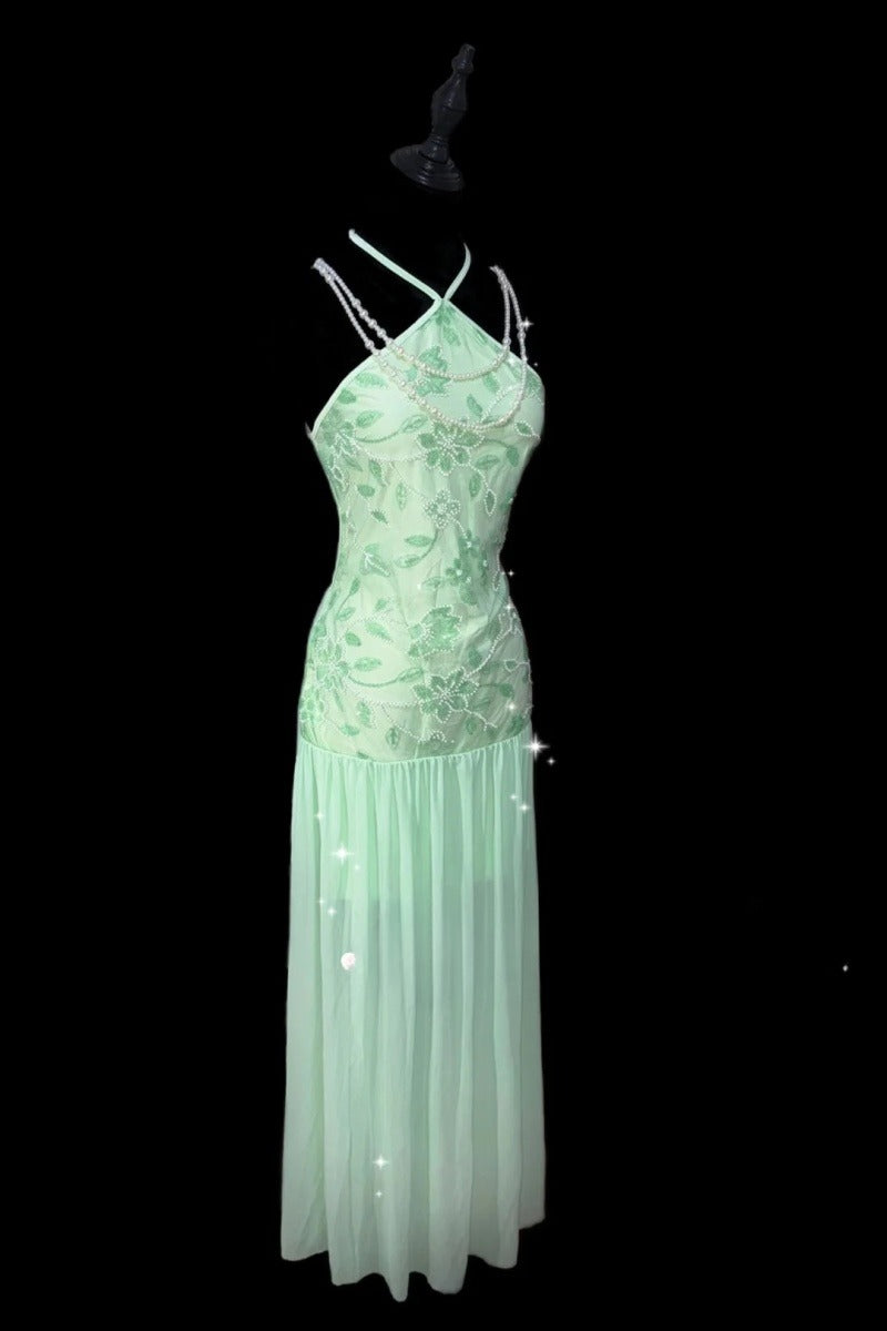Elegant Green Prom Dress Sheath Spaghetti Straps Evening Dress Chiffon Beaded Birthday Dress ED06986