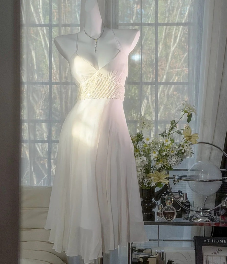 Elegant White Prom Dress Sheath Spaghetti Straps Evening Dress Chiffon Birthday Dress ED06987