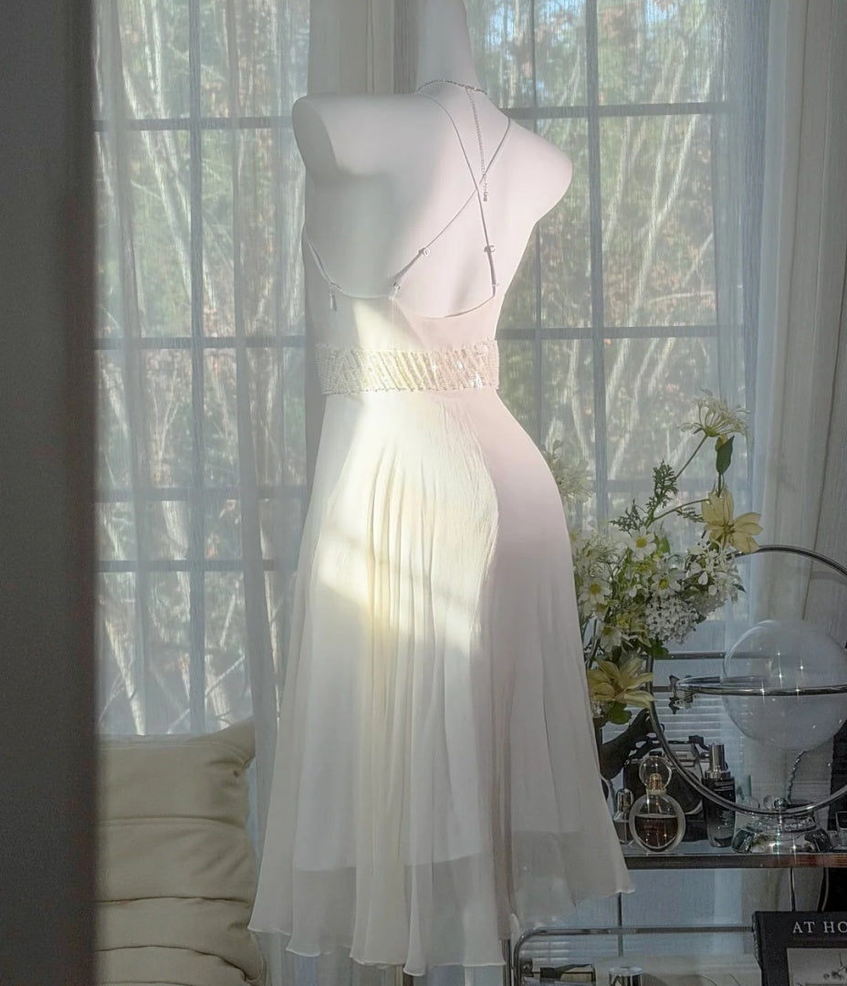 Elegant White Prom Dress Sheath Spaghetti Straps Evening Dress Chiffon Birthday Dress ED06987