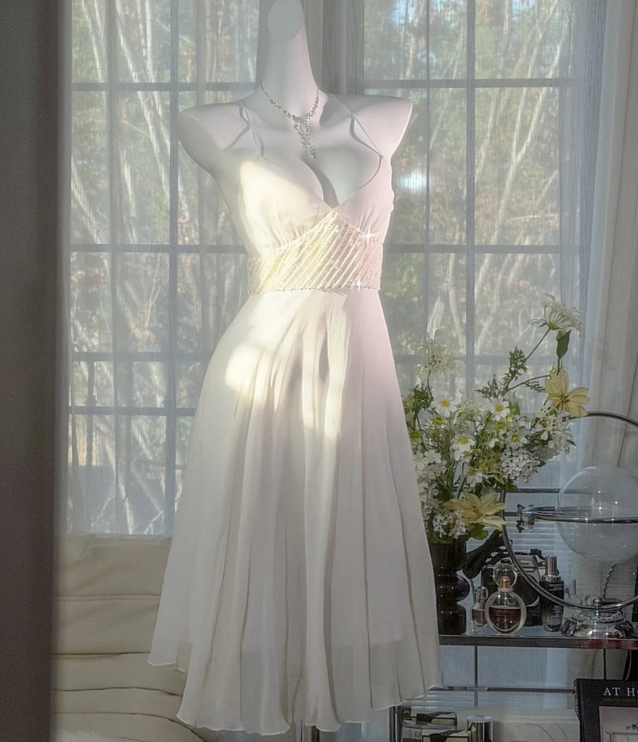 Elegant White Prom Dress Sheath Spaghetti Straps Evening Dress Chiffon Birthday Dress ED06987