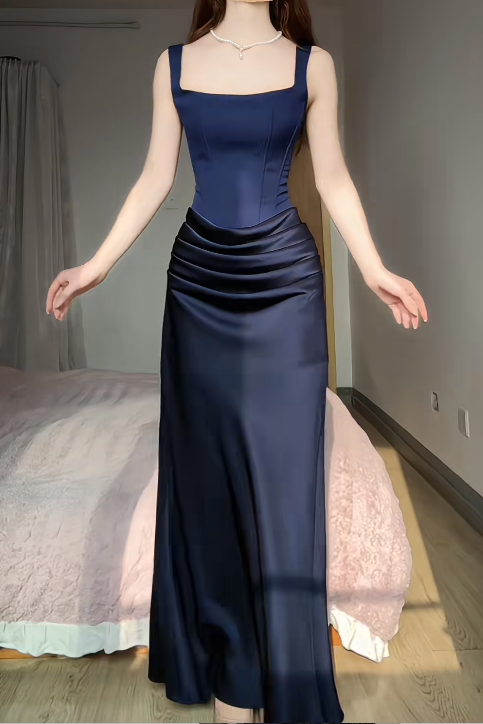 Chic Navy Blue Prom Dress Sheath Straps Evening Dress Satin Birthday Dress ED06989