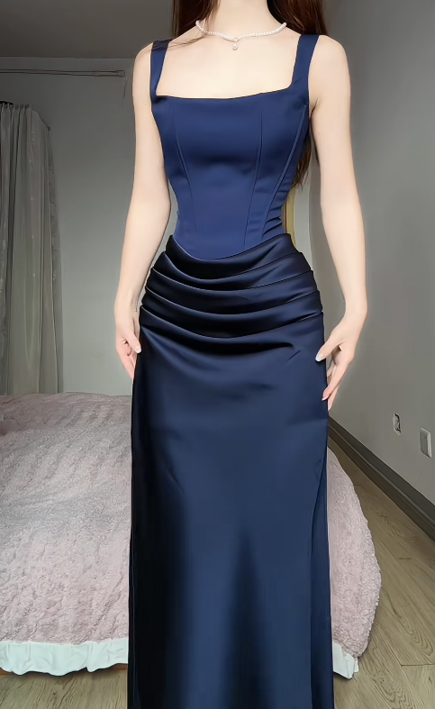 Chic Navy Blue Prom Dress Sheath Straps Evening Dress Satin Birthday Dress ED06989