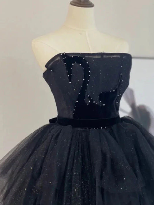A-Linie Tüll Schwarzes langes Ballkleid, Schwarzes formelles Abendkleid ED0699
