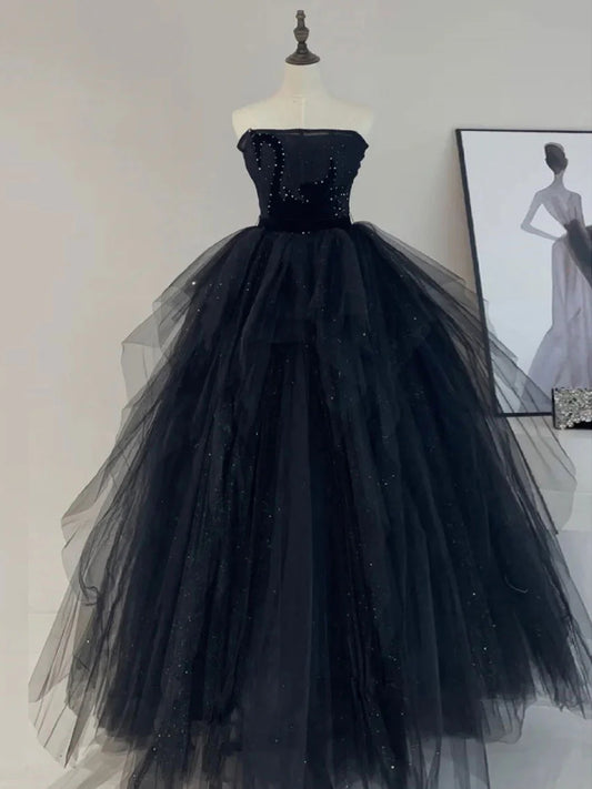 A-Linie Tüll Schwarzes langes Ballkleid, Schwarzes formelles Abendkleid ED0699