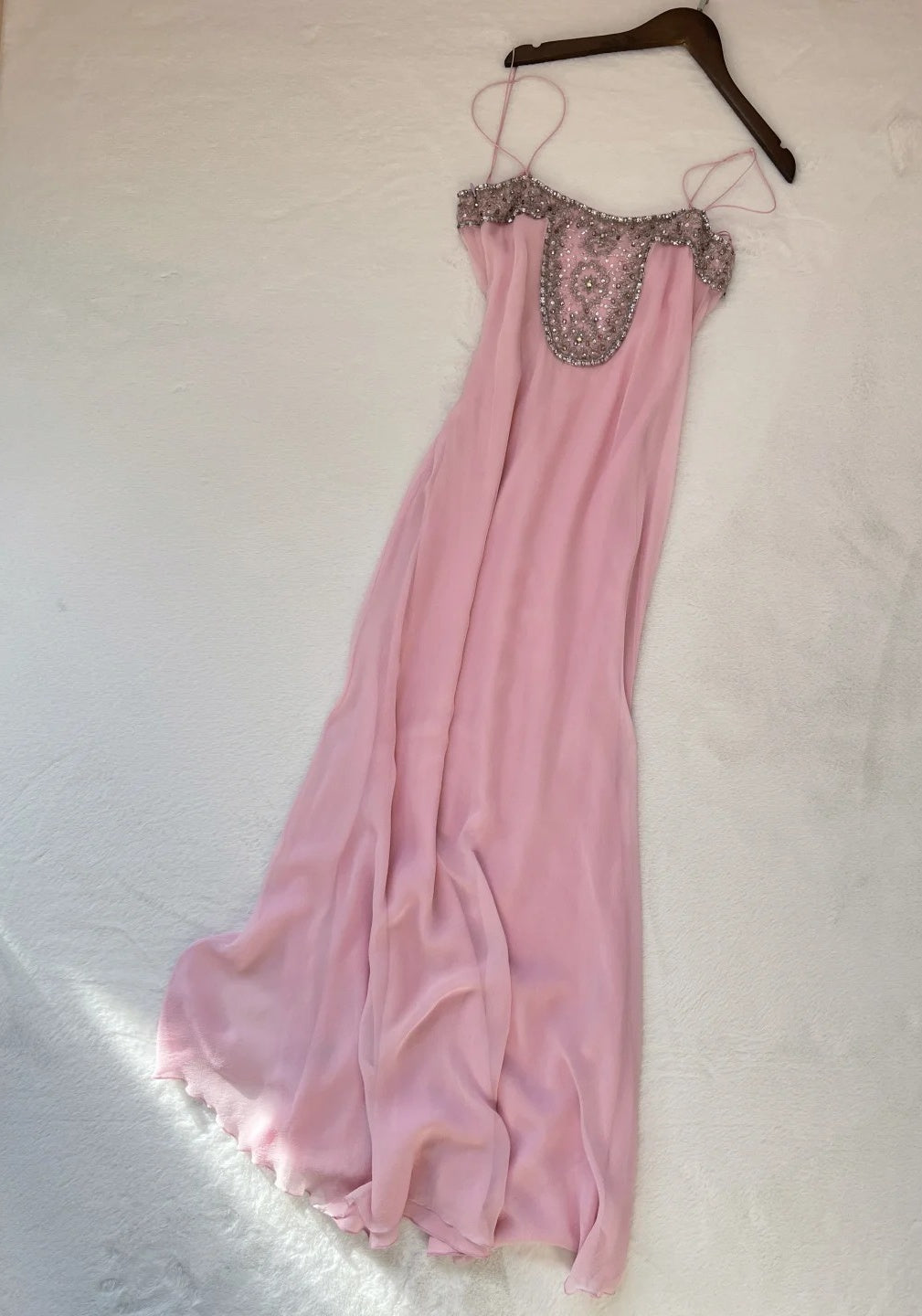 Chic Pink Prom Dress Sheath Spaghetti Straps Evening Dress Chiffon Sleeveless Birthday Dress ED06992