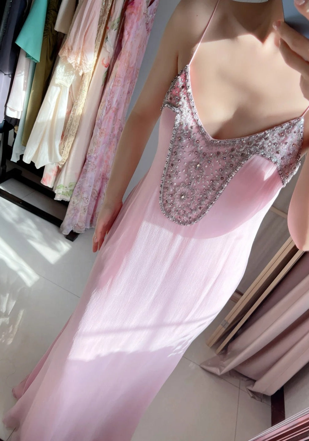 Chic Pink Prom Dress Sheath Spaghetti Straps Evening Dress Chiffon Sleeveless Birthday Dress ED06992