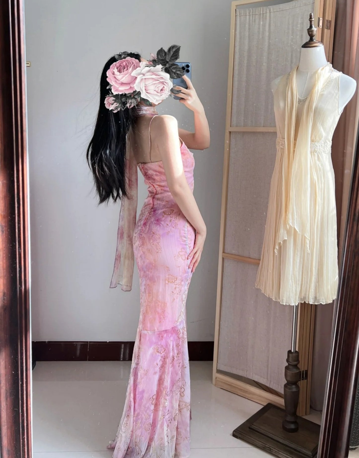 Chic Pink Prom Dress Chiffon Spaghetti Straps Mermaid Evening Dress ED06996