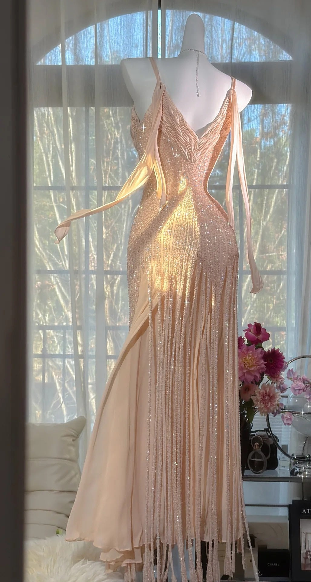 Chic Blush Pink Prom Dress Chiffon Beaded Sheath Evening Dress Straps Birthday Dress ED06999